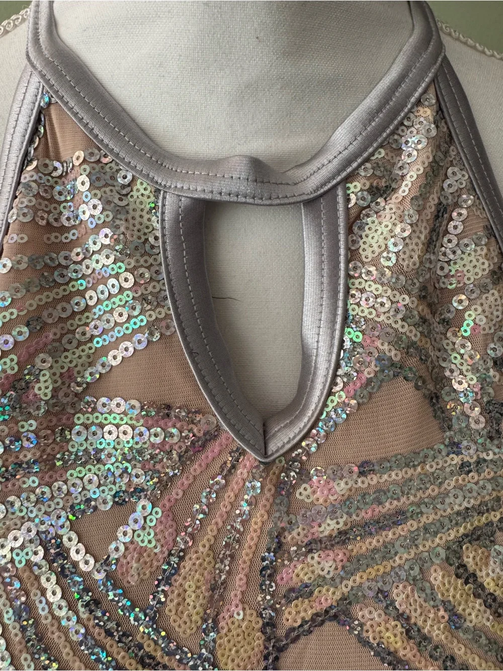 Weissman Iridescent Sequin Halter Costume with Gray Fringe - sz XLC